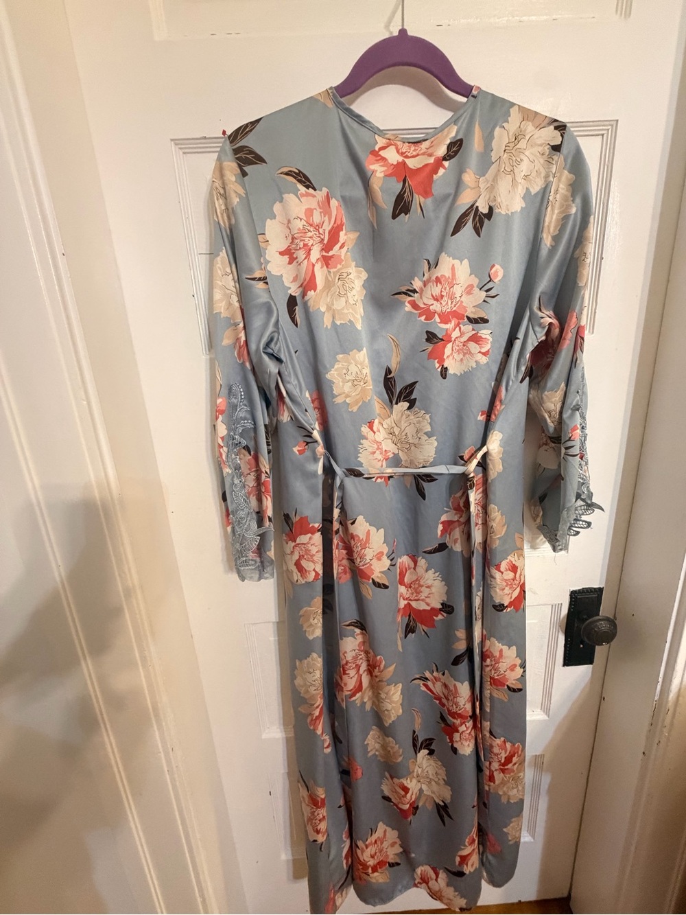 Flora Nikrooz Dusty Blue Floral 100% polyester Robe with Coral and Cream Blooms - Picture 3 of 8